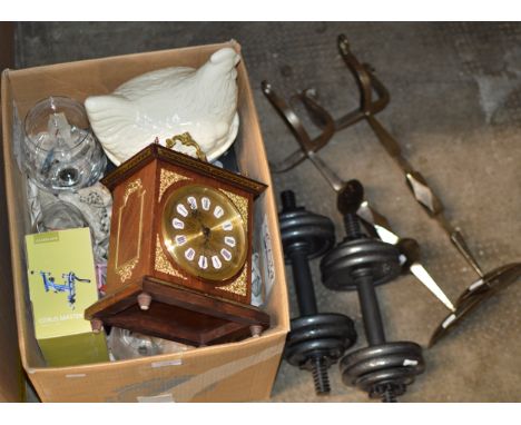 BOX WITH MANTLE CLOCK &amp; ASSORTED ITEMS, PAIR OF CANDLE STANDS &amp; PAIR OF HAND WEIGHTS     