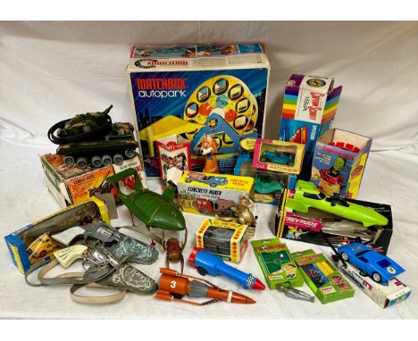 Vintage toys to include Matchbox K-10 King Size Pipe Truck, Cap Firing Tank by Marx, 1960's tin plate clockwork monkey, Two o