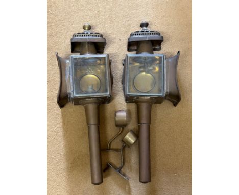 A pair of vintage brass Limehouse Lamp Co. coach lamps approx. 54cm h with fittings. 