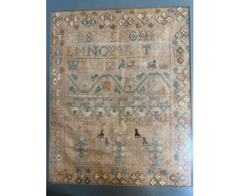 A 18thC cross stitch sampler worked by Priscilla Marshall March 10th 1768. Frame size 53cm x 46cm. 