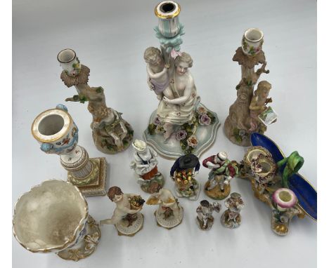 A quantity of mainly 19thC continental ceramics to include Jacob Petit inkstand, figurines, candlestick 32cm h etc. 
