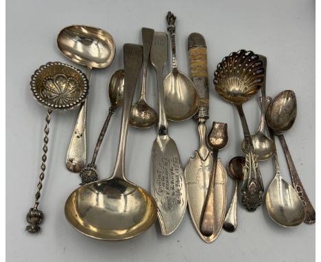 Various items of silver cutlery to include Georgian ladle London 1811, maker George Wintle, spoon London 1797, maker John Eme