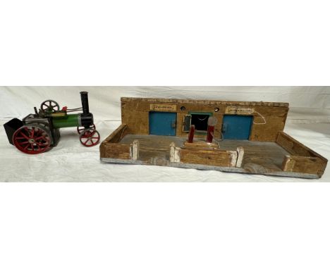 An original vintage Mamod live steam model Steam Tractor TE1A Traction Engine along with a scratch built wooden child's garag