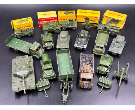 Military Dinky Toys to include boxed 670 Armoured Car, 674, 673, 686, 641 all boxed (a/f) together with unboxed 651, 621, 643