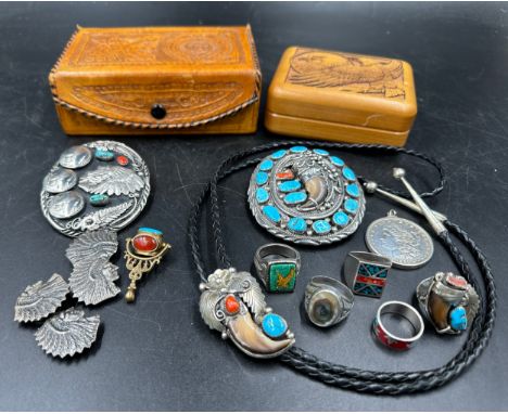 Collection of Navajo style silver jewellery to include belt buckle with turquoise stones approx. 7.5cm x 9cm, a bootlace neck