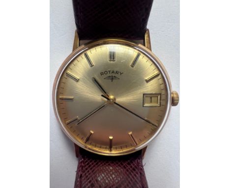 A gold plated Rotary gentleman's wristwatch with date aperture on brown leather strap. Case 33mm. Appears to be in very good 