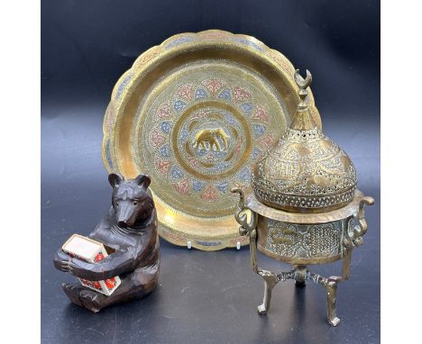 Brass to include an Islamic incense burner with animal decoration on tripod legs 23.5cm h, a brass, copper and white metal di