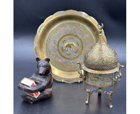 Brass to include an Islamic incense burner with animal decoration on tripod legs 23.5cm h, a brass, copper and white metal di