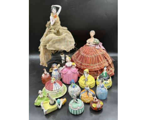 A quantity of half dolls, one made into a lamp, others with lidded pots, one marked France, one marked Japan and others with 