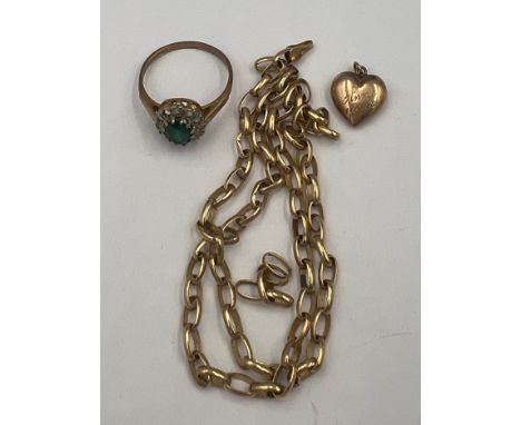 A 9 carat gold chain necklace a/f, 9 carat gold cluster ring and a 9 carat gold heart. Total weight 5.4gm. 