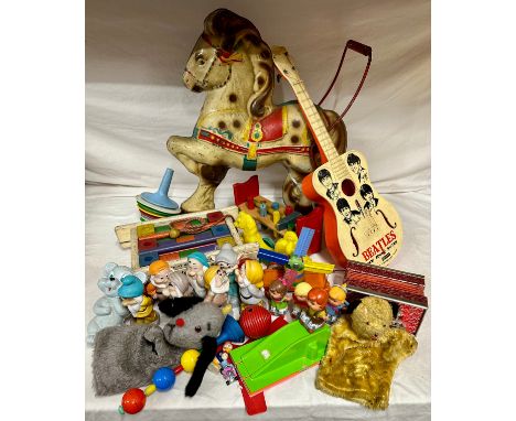 A collection of vintage toys to include Small Shots figurines, Mobo tin plate rocking horse 53cm h, Beatles plastic guitar, D