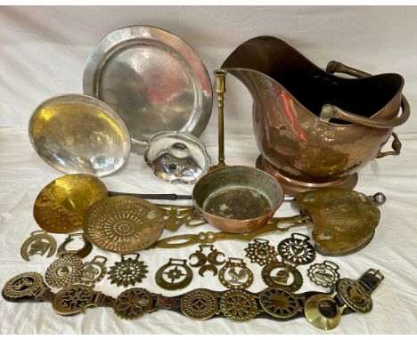 A quantity of brass, copper and pewter ware to include three Keswick School of Industrial Art Firth Staybrite pewter platter/