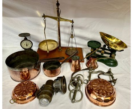 A miscellany to include a set of balance scales, a set of Salters copper letter scales c 1880, Victor scales, 2 x copper moul