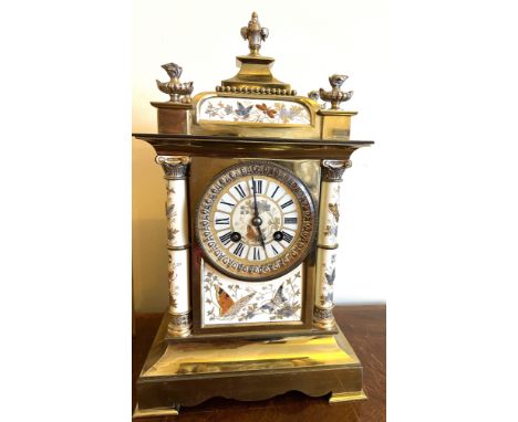 A 19thC French faience and gilt mounted mantle clock with brocot movement, approximately 36cm h x 20cm w x 13.5cm d. Decorati