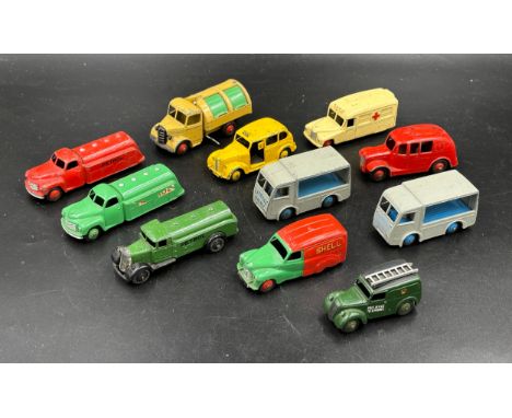 Unboxed Dinky toys to include N.C.B. Electric Van and N.C.B. Electric Van 30V, Petrol Truck x 2, 470 Austin Van 'Shell', Cast