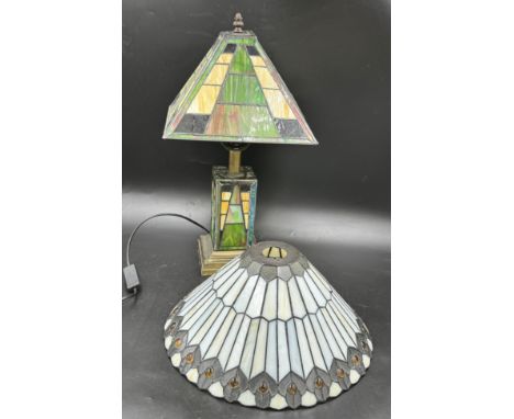 A contemporary Deco style Tiffany table lamp with shade approx 52cm h together with a separate shade 37cm diameter. 