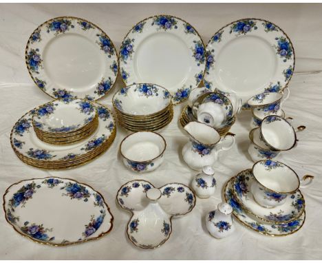 Royal Albert Moonlight bone china to include 8 dinner plates 26cm d, 8 cereal dishes, 8 tea plates 16cm d, 8 cups, 6 saucers,