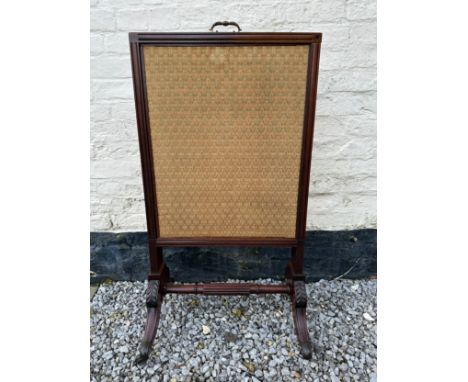 An embroidered mahogany extendable firescreen. 109 h x 56 w x 43cm d. 