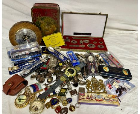 A miscellany to include Masonic medal Antediluvian Order of Buffaloes, cap badges, The Hohner Band mouth organ, vintage barom