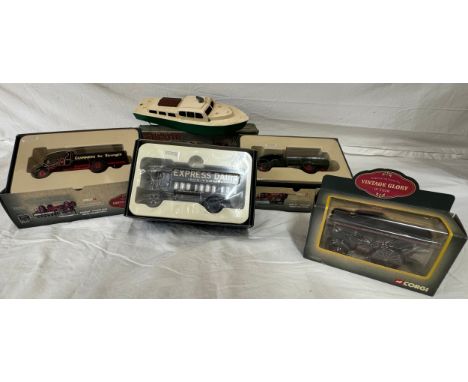 A Penguin clockwork Cabin Cruiser along with four Corgi boxed, unopened, Vintage Glory of Steam models to include Garrett 4CD