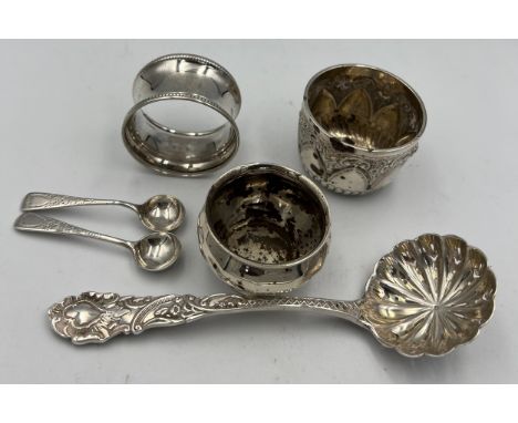 Silver to include napkin ring, salt, pair of salt spoons, small bowl and a sifter spoon, London 1897, others various dates an