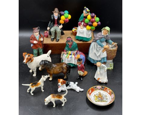 Royal Doulton figurines to include Fox D6448, The Old Balloon Seller HN1315. The Balloon Man HN1954, Silks and Ribbons HN2017