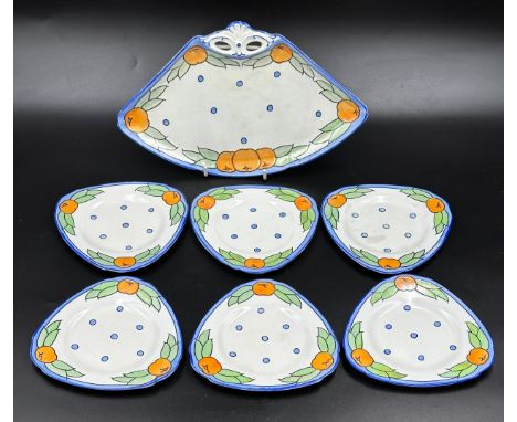 Set of Burleigh ware plates, designed by Charlotte Rhead, pattern number 4101 to include a sandwich plate, 29.5cm at widest p