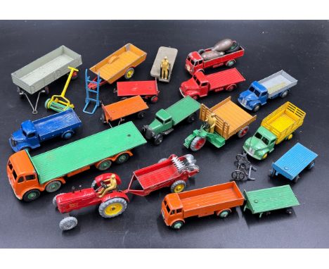 A quantity of Dinky Farm Machinery &amp; Trucks toys to include 902 Foden Flat Truck with box, 27G Motocart, Dodge, B.E.V. Tr