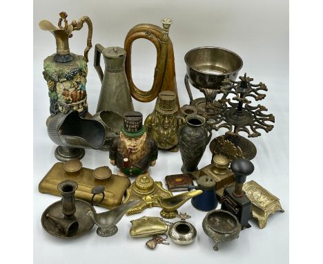 A copper and brass bugle, stamped Potter to mouthpiece and John Grey &amp; Sons, London to copper, rubber stamp holder, two n