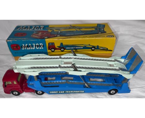 A boxed Corgi Major 'Carrimore' Car Transporter with Bedford TK Tractor Unit (1105). Cab in red with yellow interior, with tw
