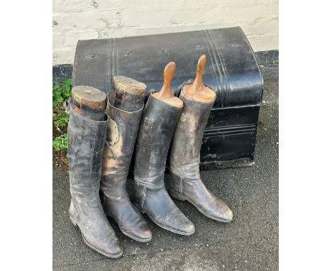 Two pairs of gentleman's leather riding boots, both with wooden trees, one pair military with the brass tops engraved K Jolli