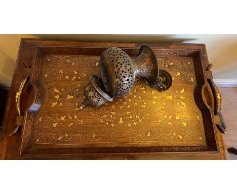A twin handled hardwood tray with brass inlay 70cm x 37cm, together with a Persian hanging metal lamp. 