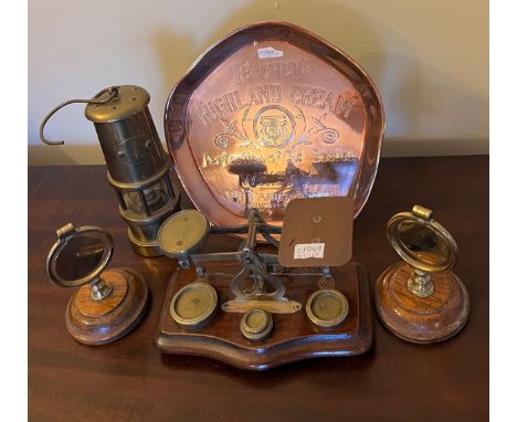 Brass and copper items to include copper Teacher’s Highland Cream Whisky tray, two horse brasses mounted on wood, brass and w