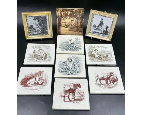 Tiles collection x 10.  Mintons x 7, 3 animals and 4 rural scenes, possibly two Bristol tiles and photograph tile. Minton til