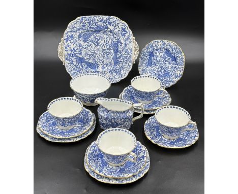 A Royal Crown Derby blue and white part tea service in Peacock pattern, Reg No. 758225 to include 4  cups &amp; saucers, 4 x 