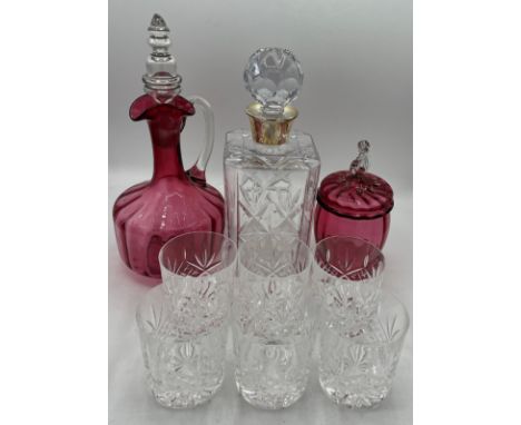 Glass to include a silver necked decanter Birmingham 1982 and six tumblers, cranberry and clear glass carafe and a lidded cra