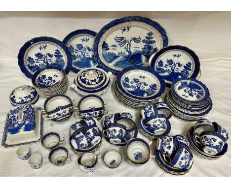 Large quantity of Booths blue and white "Real Old Willow" to include large meat plate 42.5cm, cake/bread plate 28cm d, 1 ture