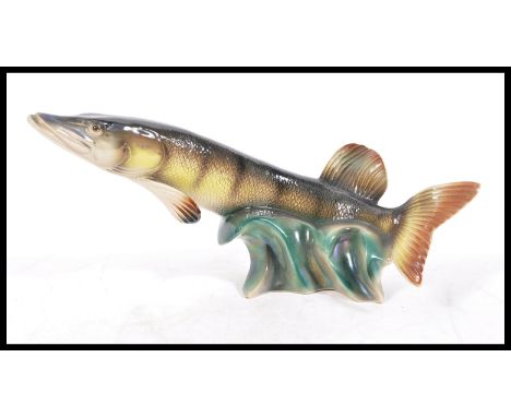 A vintage retro large 20th Century ceramic lustreware model of a pike (No 344) figure by Jema (Holland),&nbsp; impressed make