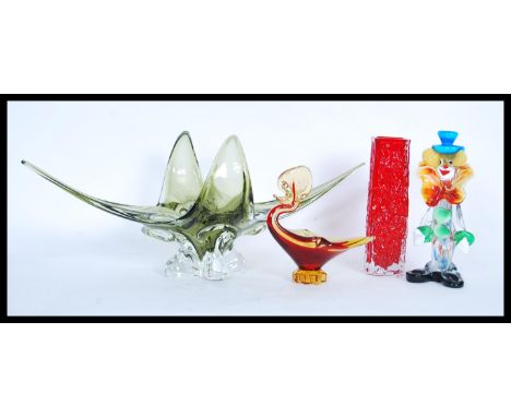 A group of vintage 20th Century studio art glass to include a ruby red Whitefriars style bark effect textured vase, Murano gl