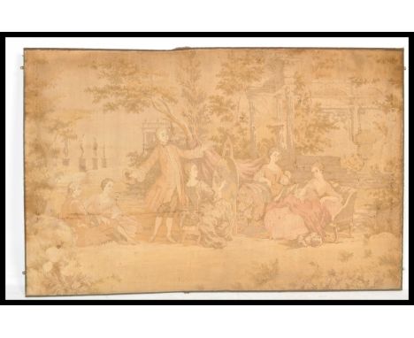 A large 19th Century tapestry embroidery depicting a gentleman with artist painting two maidens and foliate scenes to distanc
