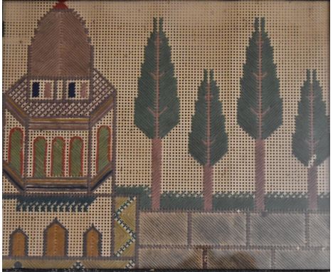 A framed and glazed tapestry, Eastern temple and trees. H.33x36cm 