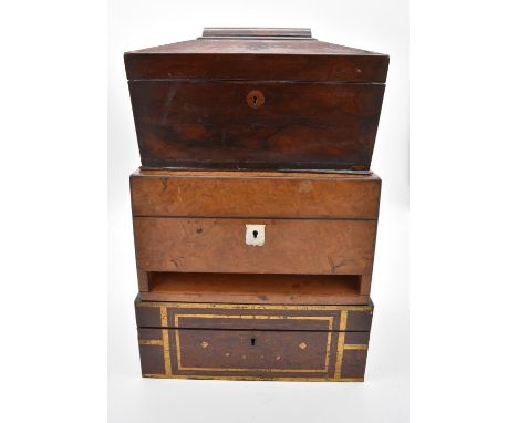 A 19th century burr walnut fitted vanity box (drawer missing) with mother of pearl shield shaped cartouche, a Regency rosewoo