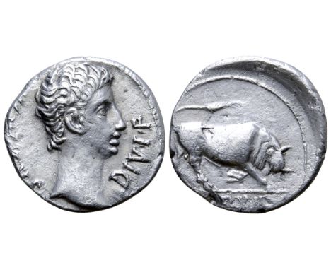 Augustus AR Denarius. Lugdunum, 10 BC. AVGVSTVS DIVI•F, bare head right / Bull butting right; IMP•XII in exergue. RIC I 176a;