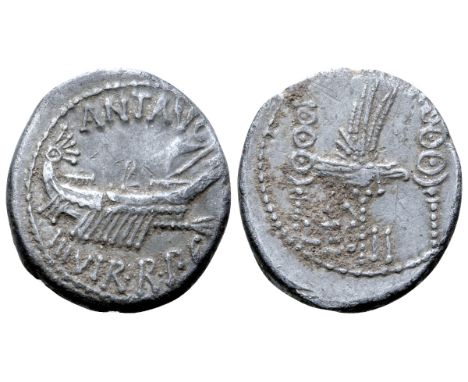 Marc Antony Legionary AR Denarius. Military mint moving with Antony, autumn 32 - spring 31 BC. ANT•AVG III•VIR•R•P•C, praetor