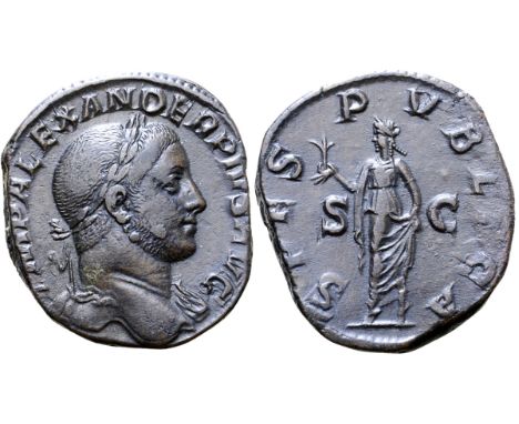 Severus Alexander Æ Sestertius. Rome, AD 231-235. IMP ALEXANDER PIVS AVG, laureate bust right, slight drapery on far shoulder