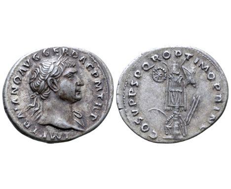 Trajan AR Denarius. Rome, AD 103-111. IMP TRAIANO AVG GER DAC P M TR P, laureate head left, slight drapery on far shoulder / 