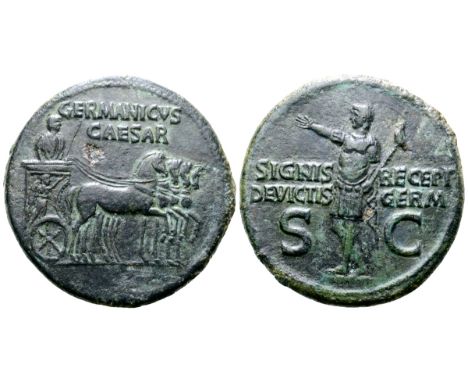 Germanicus (father of Caligula) Æ Dupondius. Rome, AD 37-41. GERMANICVS CAESAR, Germanicus, bare-headed and draped, standing 