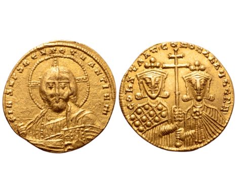 Constantine VII, with Romanus II, AV Solidus. Constantinople, AD 950-955. + I?S XPS R?X R??NANTI?M, facing bust of Christ Pan