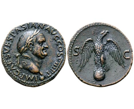 Vespasian Æ As. Lugdunum, AD 77-78. IMP CAES VESPASIAN AVG COS VIII P P, laureate head right; globe at point of bust / Eagle 