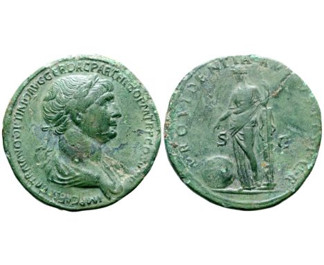 Trajan Æ Sestertius. Rome, AD 114-117. IMP CAES NER TRAIANO OPTIMO AVG GER DAC PARTHICO P M TR P COS VI P P, laureate and dra